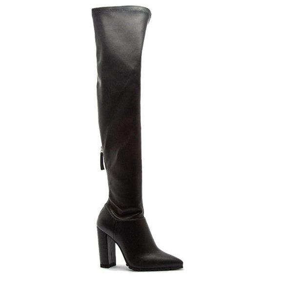 BLACK FAUX LEATHER CHUNKY HEELED POINTED TOE THIGH HIGH BOOTS - Picture 2 of 2
